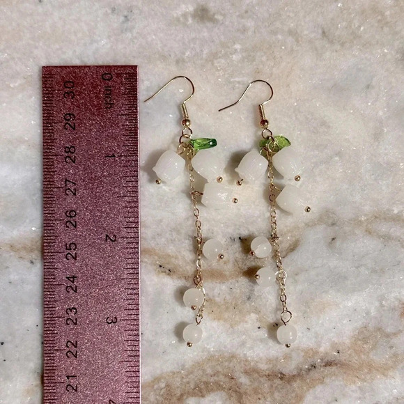 Extra Long Lily of the Valley Feminine Earrings White Acrylic French Wire Hooks - Picture 4 of 4